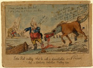 John Bull lager det han kaller en demonstrasjon, ca. 1815 (håndfarget etsning)